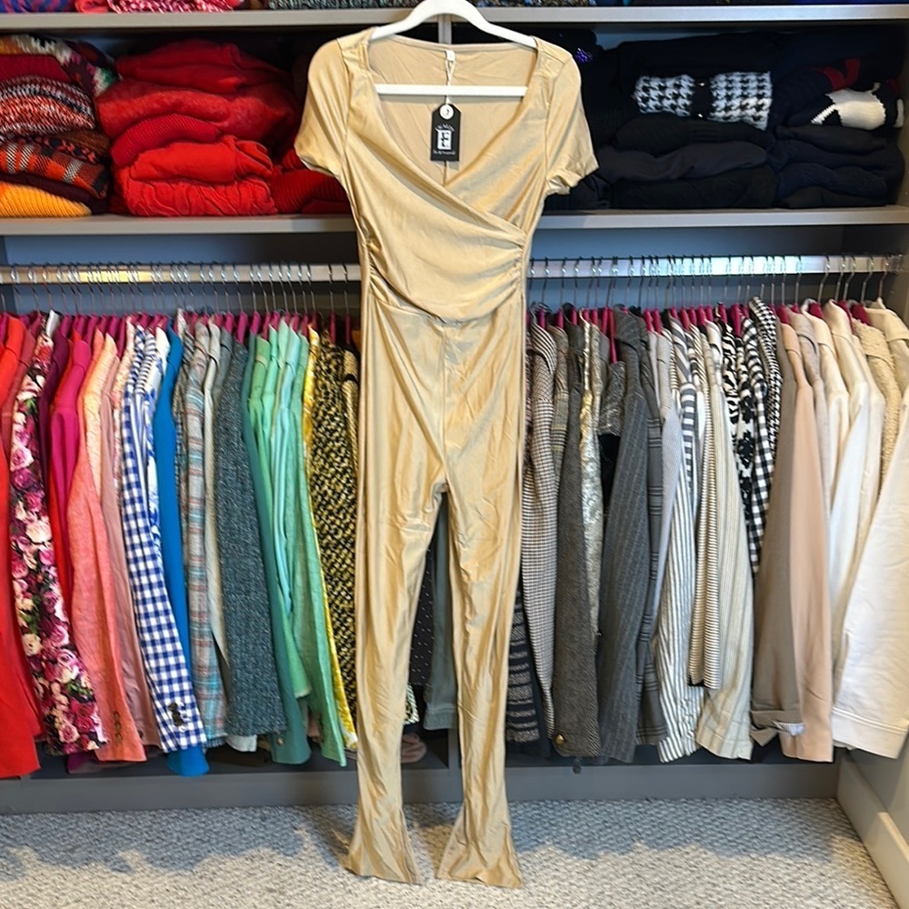 Ekaliy gold short sleeve v neck jumpsuit size S NWT